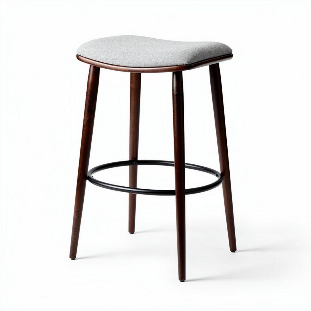 Tabouret en bois foncé avec assise en tissu gris dimensions 40 x 30 x 75cm