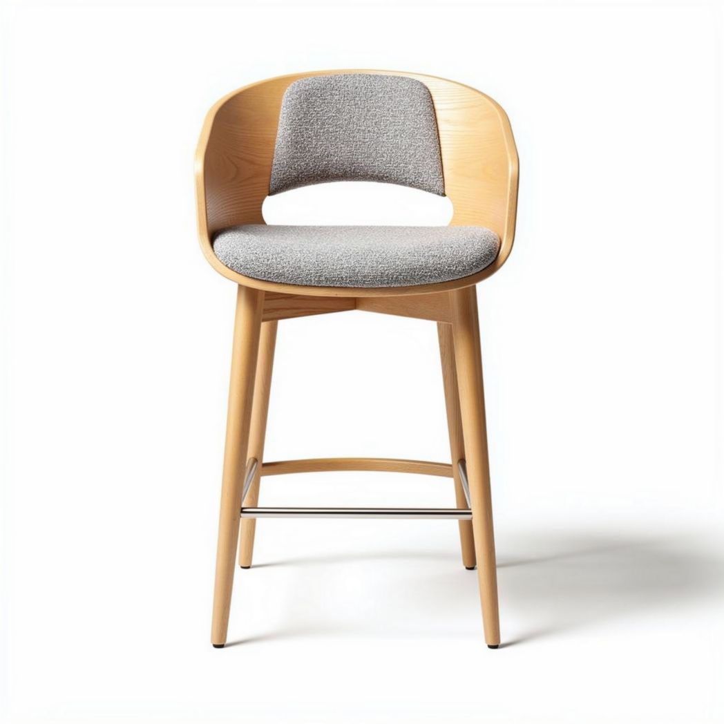 Tabouret en bois naturel avec assise en tissu gris dimensions 45 x 40 x 100cm