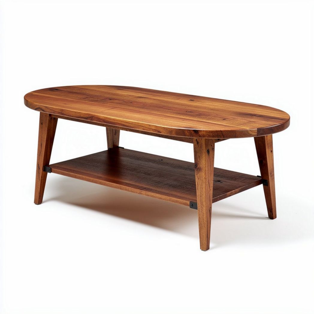 Table basse ovale en bois massif avec étagère inférieure 120 x 60 x 45cm