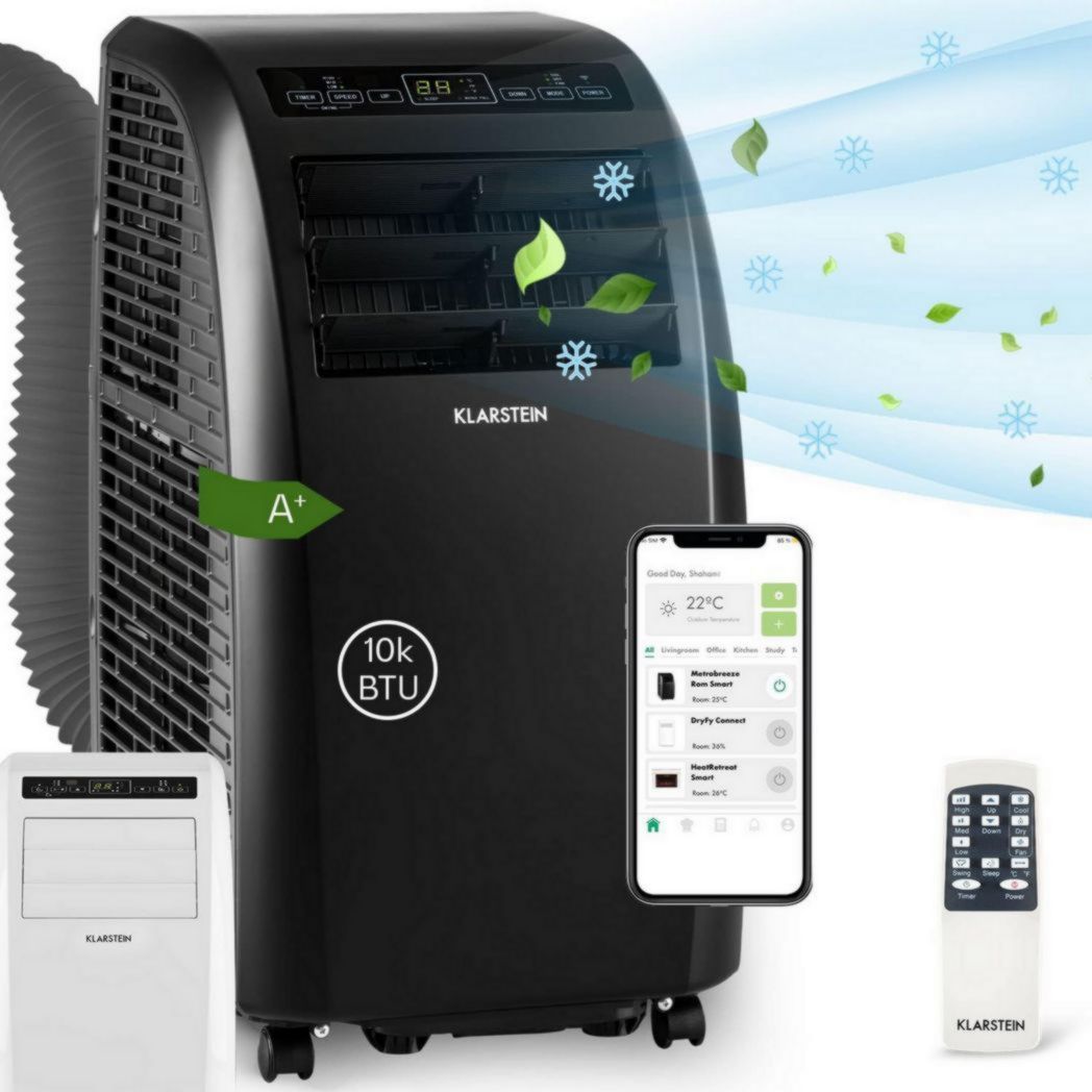 Climatiseur mobile silencieux Klarstein, 4 en 1, mode nuit, déshumidificateur, ventilateur, mini climatiseur basse consommation, évacuation, climatiseur portable, puissant, 10 000 BTU(Noir/10000 BTU Smart)