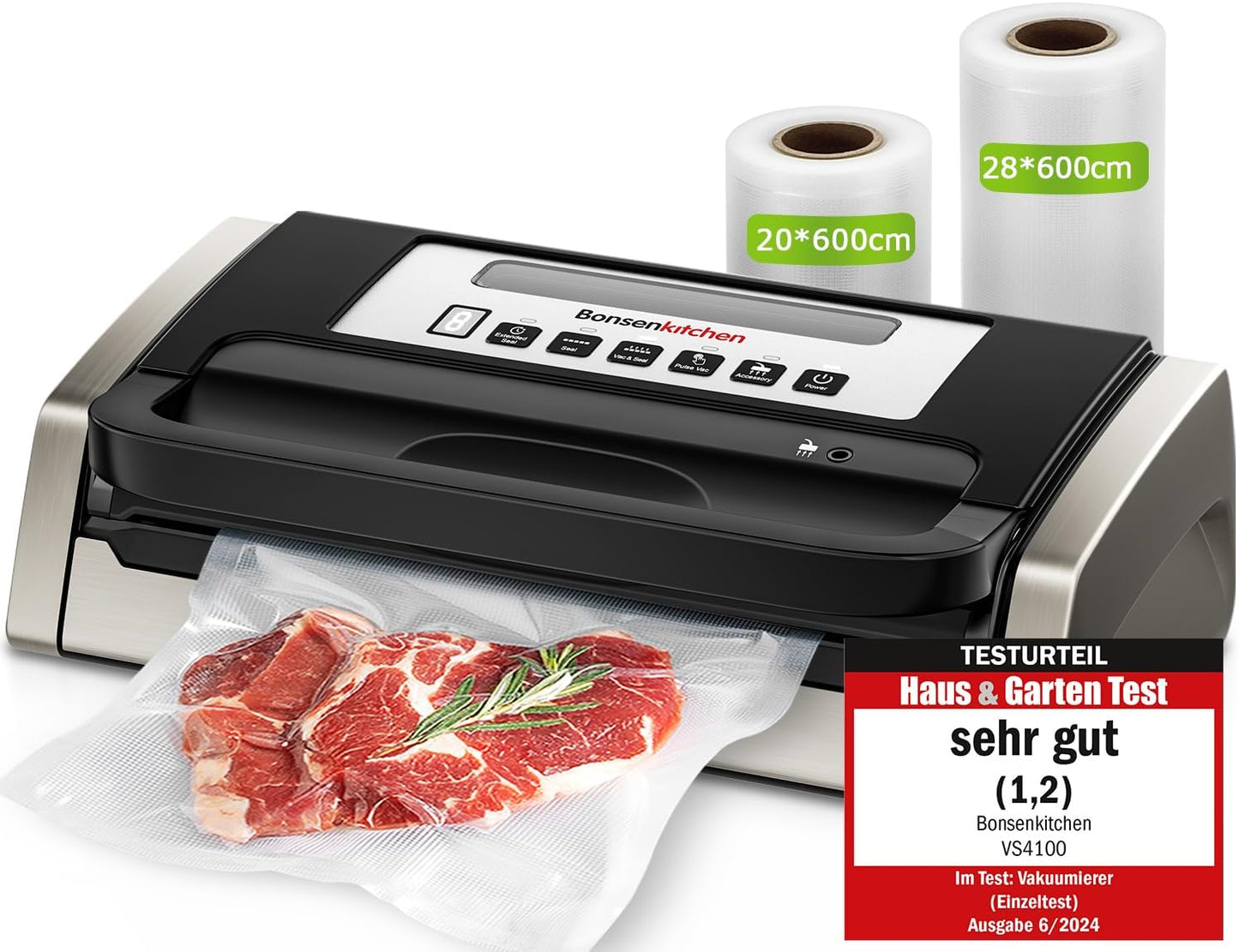 Bonsenkitchen Machine Sous Vide Alimentaire, Puissante et Silencieuse, Technologie Globefish pour un Travail Continu, Conception avec Poignée Verrouillée, Cutter Intégré, 2 Rouleaux de sacs inclus(Noir)