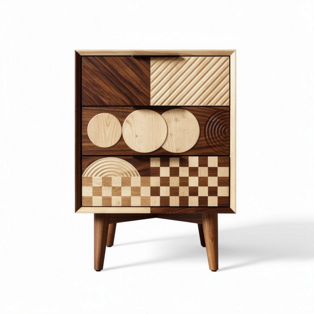 Commode en bois avec motifs géométriques naturelle 60 x 40 x 80cm