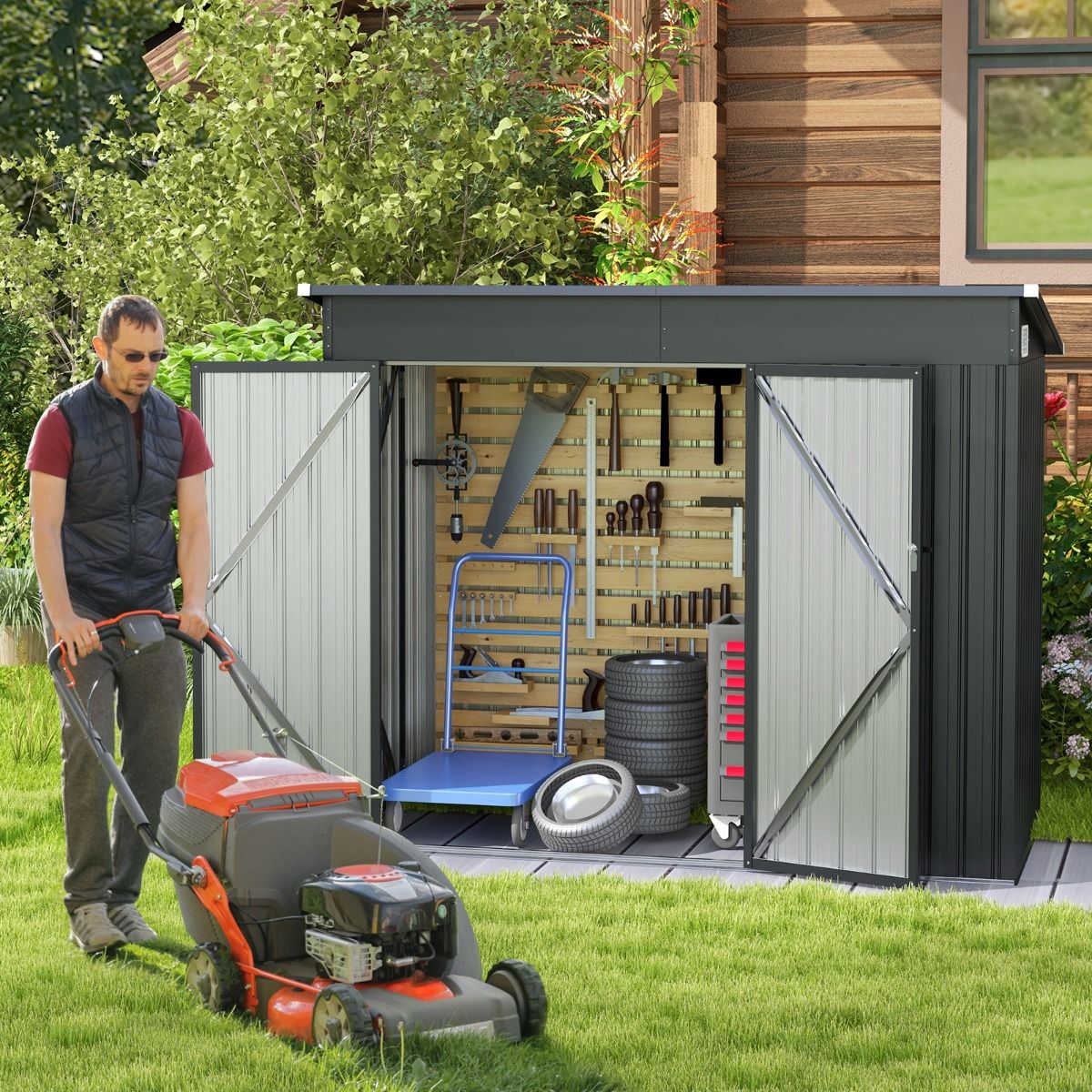 Abri de Jardin Extérieur Abri à Outils de Jardin avec 2 Portes Design Incliné Aérations Cadre en Métal Galvanisé 235x117x185cm Gris Foncé(Default Title)