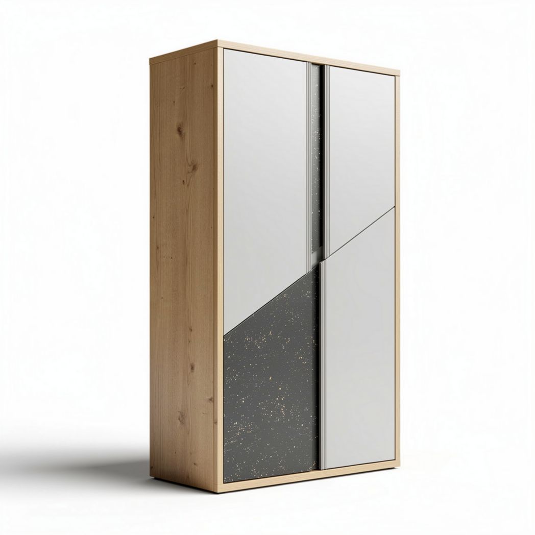 Armoire en bois avec panneaux miroités et design géométrique 200 x 100 x 50cm