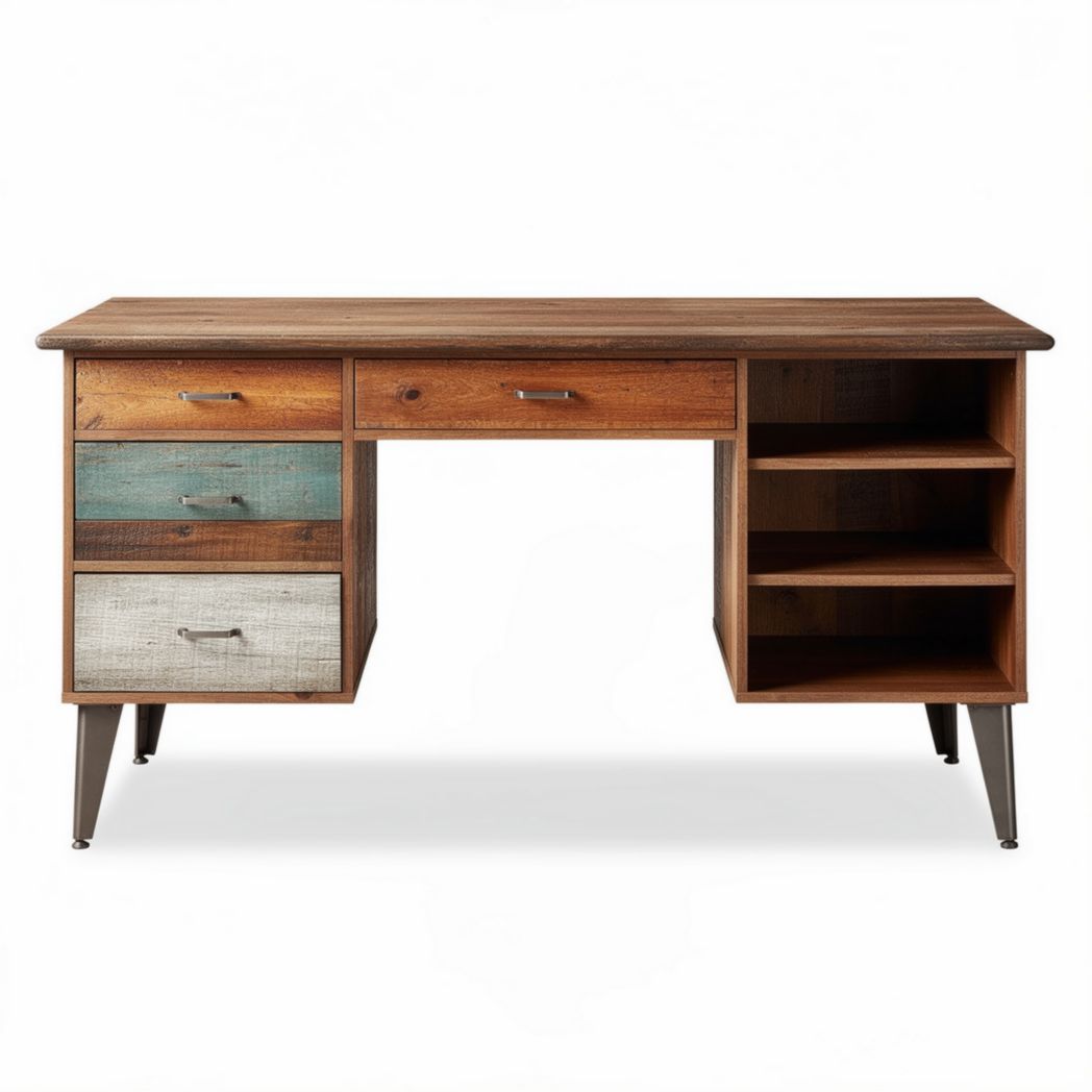 Bureau en bois avec tiroirs colorés et étagères de 120 x 60 x 75cm