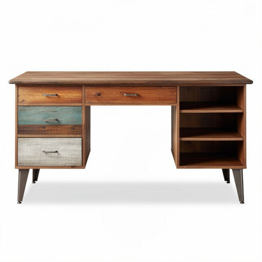Bureau en bois avec tiroirs colorés et étagères de 120 x 60 x 75cm