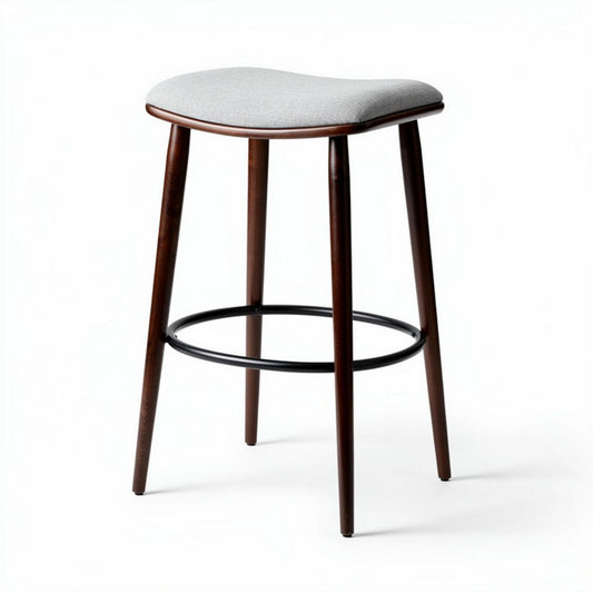 Tabouret en bois foncé avec assise en tissu gris dimensions 40 x 30 x 75cm