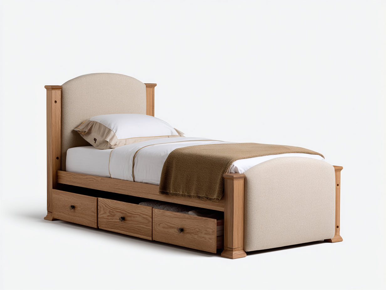 Lit simple bois avec rangement 200x102x105 cm - chêne clair/beige - design classique(Chêne Clair/Beige)