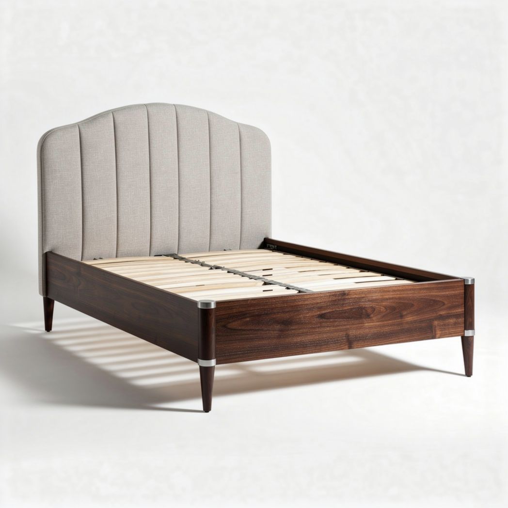 Lit en bois avec tête de lit en tissu beige 200 x 160 x 100cm