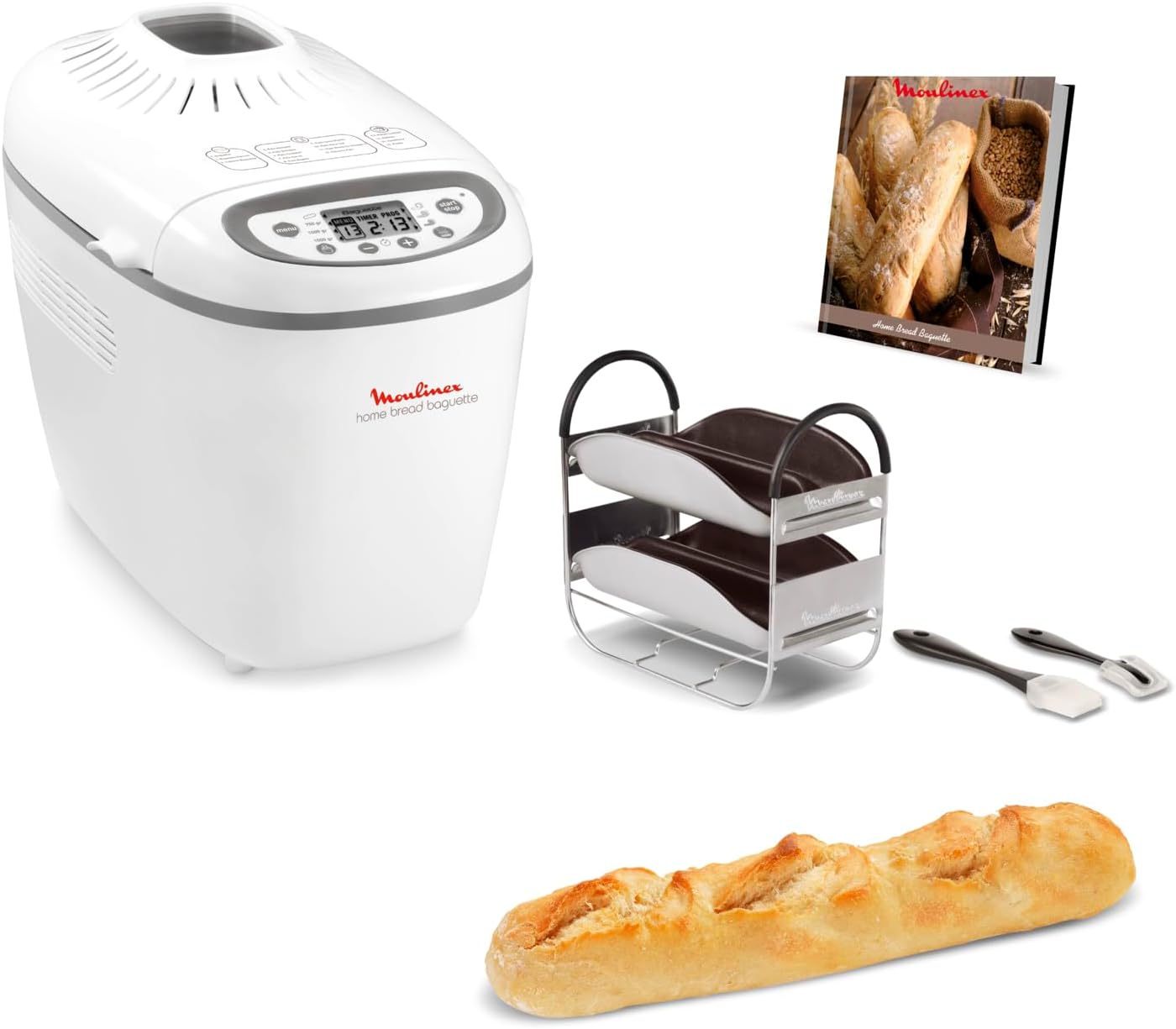 Moulinex Home Bread Baguette Roll Maker, 16 Programs, Even Results, Up to 1.5 kg Fresh Bread, Crispy Plates, 3 Levels of Frying, OW610110, White(Unique)