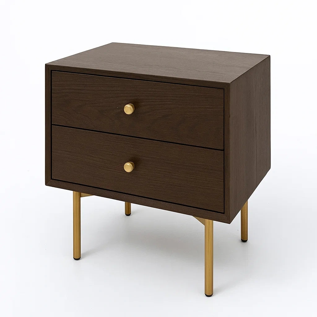 Table de chevet en bois et métal brun et doré avec 2 tiroirs(Brun/Doré)