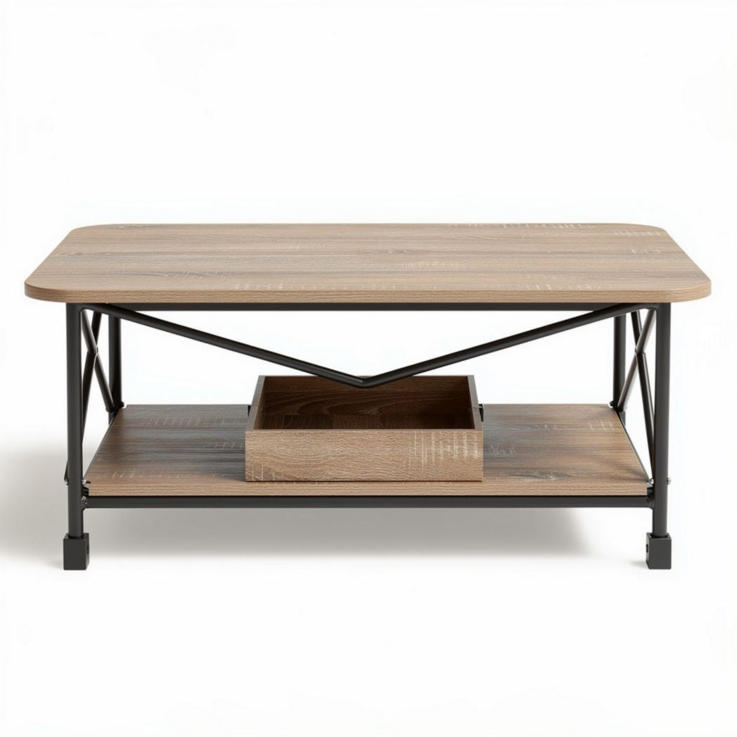Table basse rectangulaire en bois et métal 120 x 60 x 45 cm avec rangement intégré
