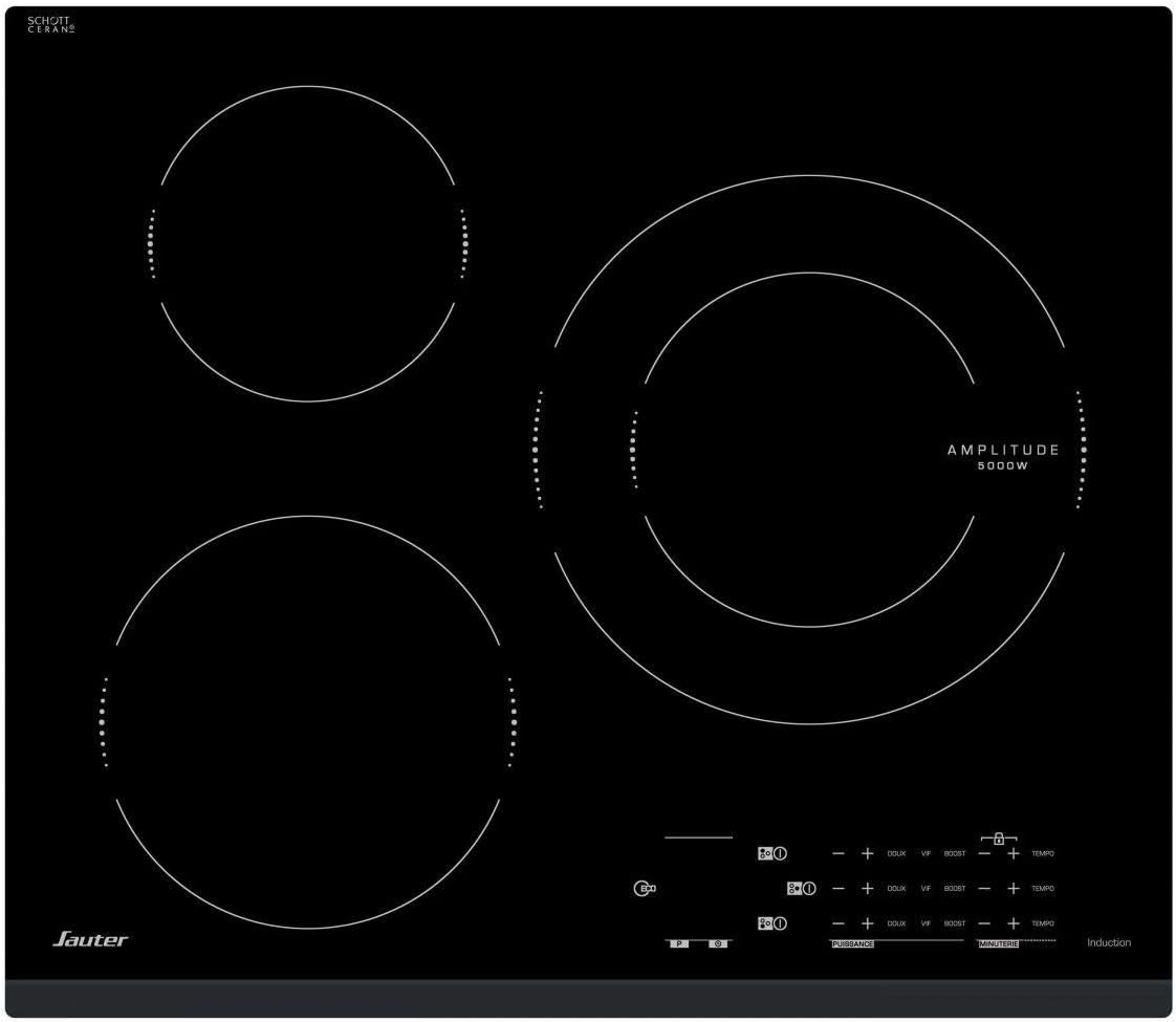 Sauter - SPI4362B - Plaque Induction - Table de Cuisson Encastrable - Noir - 3 Foyers - 7200W - Dimensions Encastrement : 56x49cm - Fonction EasyCook - Fabriqué en France(Noir)