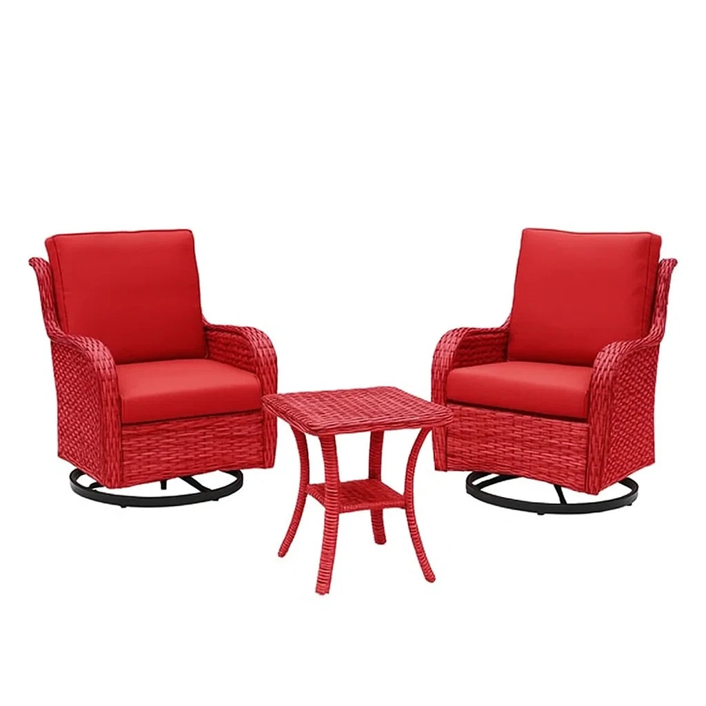Ensemble de mobilier de jardin en résine rouge avec coussins en polyester, 2 fauteuils pivotants et 1 table(Rouge)
