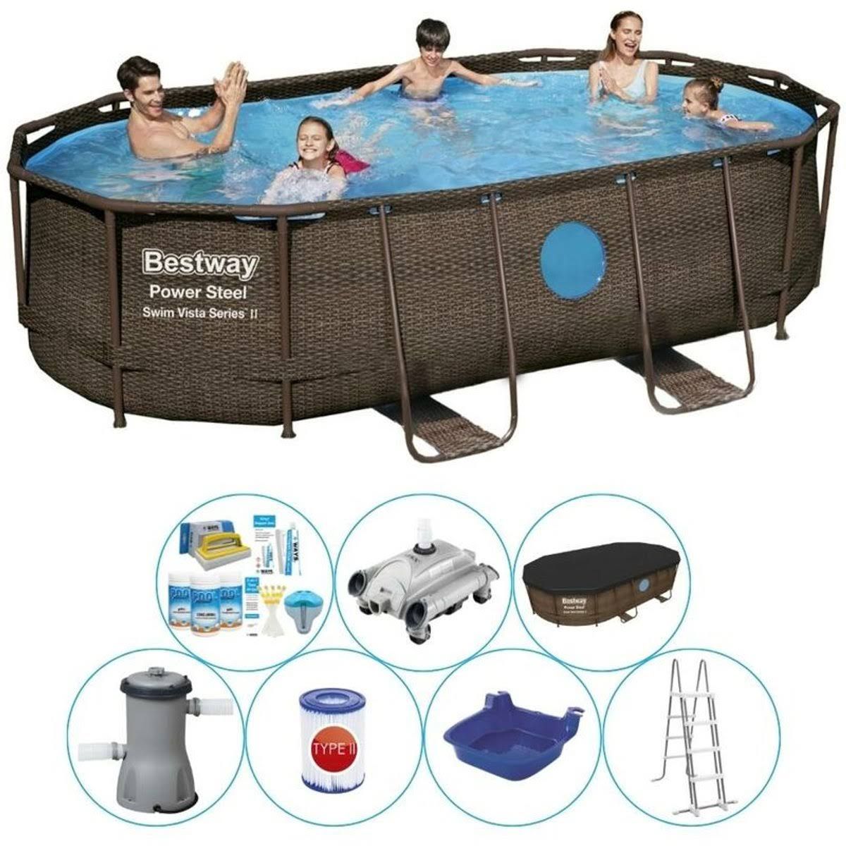 All in 1 Pool Set Bestway Power Steel Swim Vista Oval 427x250x100 cm - Ultra Konkurrenzfähiger Preis(Brun/Bleu)