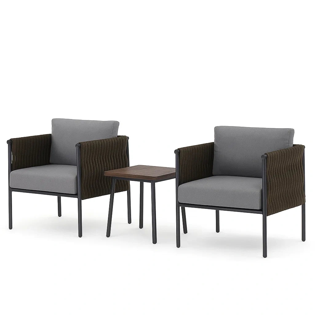Ensemble de mobilier de jardin avec 2 fauteuils gris avec coussins et table en bois(Gris/Noir/Marron)