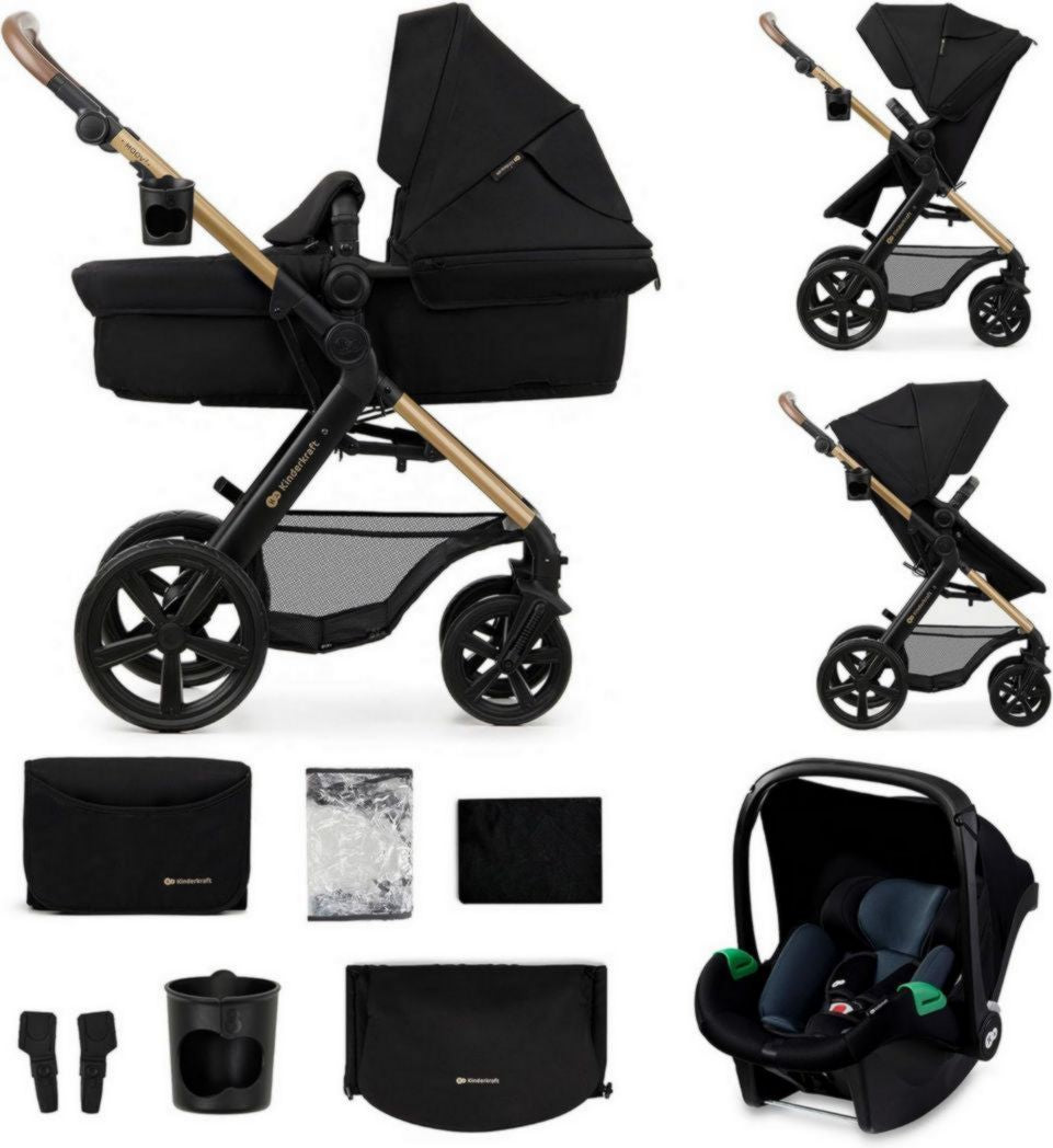 Poussette 3-en-1 Kinderkraft MOOV2, système de voyage de la naissance à 27 kg, siège auto Mink PRO I-Size inclus, pare-soleil extensible avec filtre UPF50+, accessoires pratiques, gris(Gris1/Roues en EVA)
