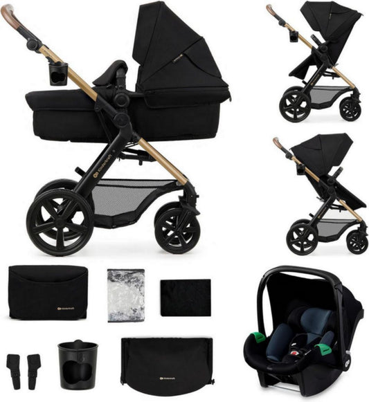 Poussette 3-en-1 Kinderkraft MOOV2, système de voyage de la naissance à 27 kg, siège auto Mink PRO I-Size inclus, pare-soleil extensible avec filtre UPF50+, accessoires pratiques, gris(Gris1/Roues en EVA)