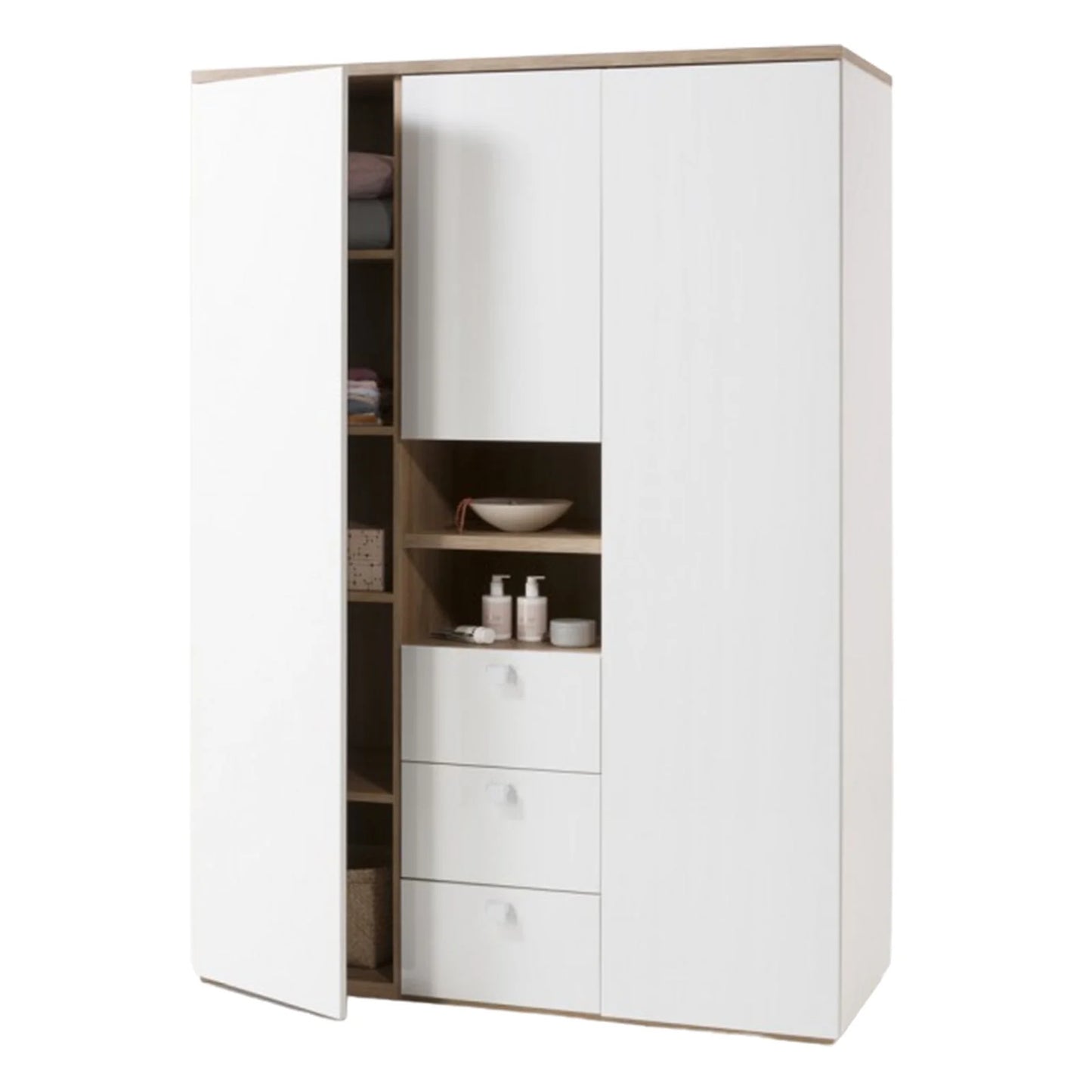 Armoire 3 portes et 3 tiroirs en chêne et laqué blanc pour une chambre moderne