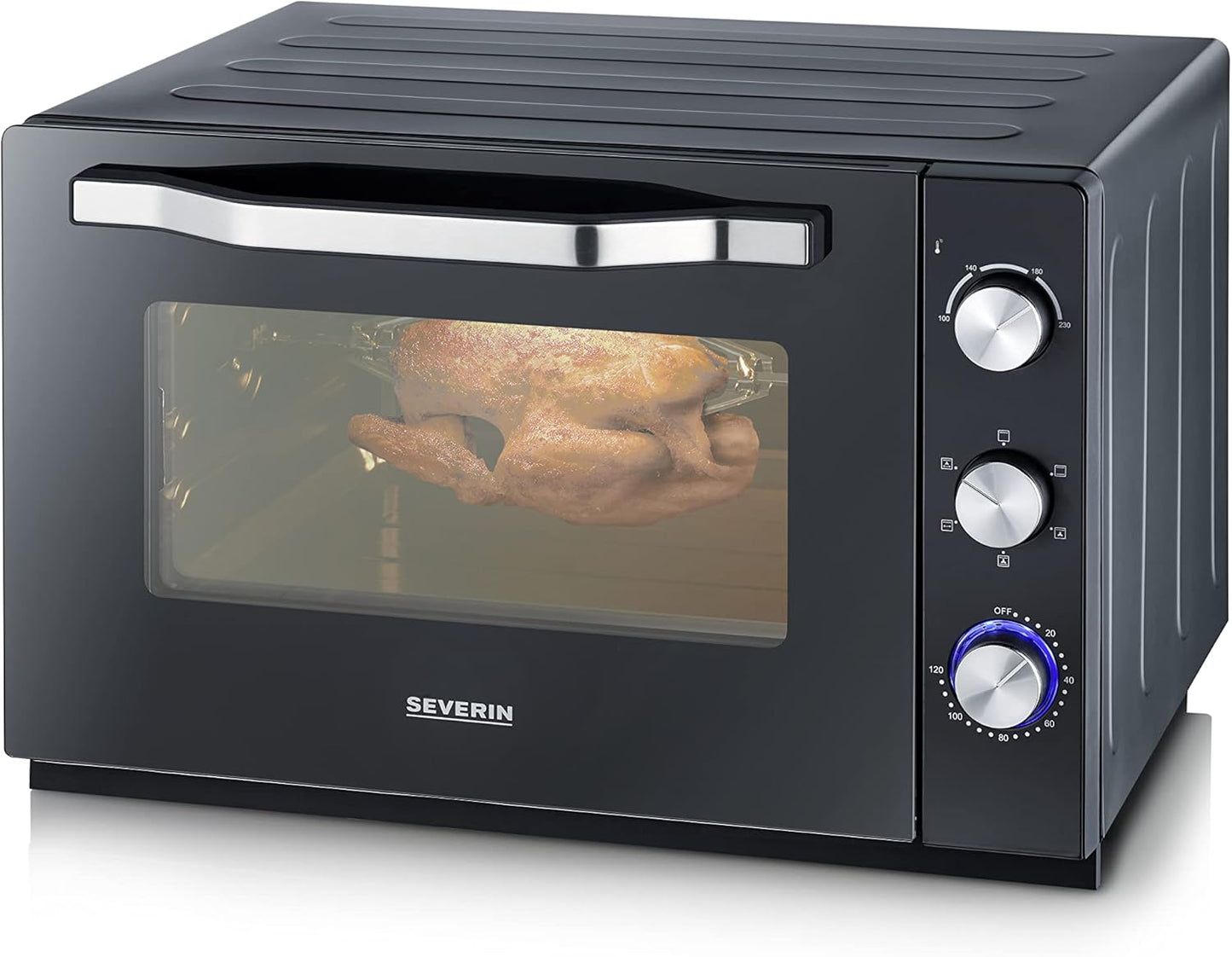 SEVERIN Mini-Four à chaleur tournante 42 L avec pierre à pizza et tournebroche, Four posable 1 800 W design élégant, électrique avec minuteur 120 min, Noir/Inox, TO 2058(Litrage 60 L/Puissance 2 200 W/Unique)