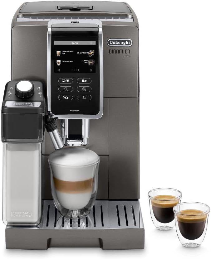 De'Longhi Dinamica LatteCrema Espresso Machine with Automatic Milk Frother for Latte, Cappuccino, Built-in Grinder, Silver, ECAM35075SI(Titanium)