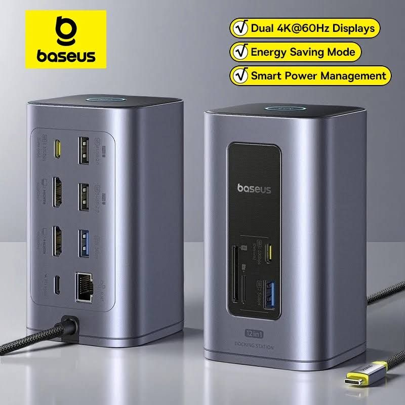 Baseus 12 en 1 USB C HUB vers HDMI 4K @ 60Hz double affichage USB 3.2 adaptateur avec RJ45 SD TF PD(Gris)
