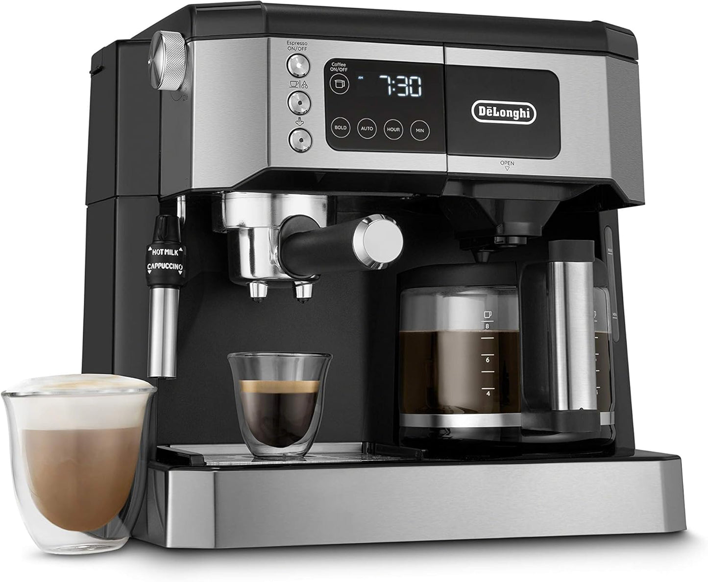 De'Longhi All-in-One Combination Coffee Maker  Espresso Machine + Advanced Adjustable Milk Frother for Cappuccino  Latte + Glass Coffee Pot 10-Cup, Black, COM532M(Coffee Maker)